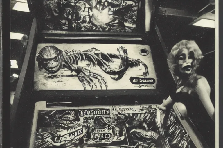 Image similar to vintage pinball machine, creature from the black lagoon, polaroid photo