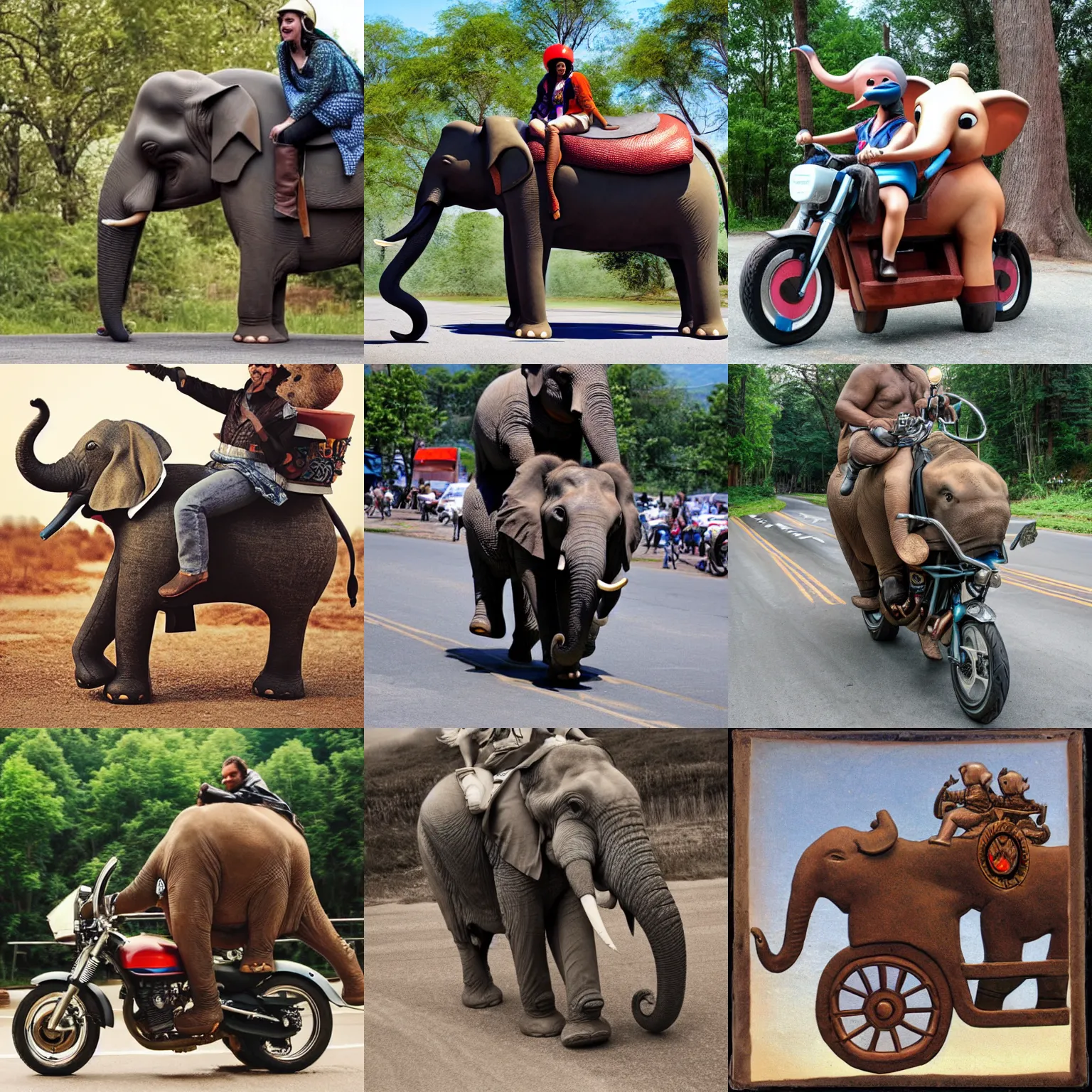 Prompt: anthropomorphic elephant riding a motorcycle