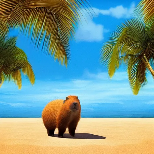 Image similar to “capybara and bunny with black spots on face and nose, on the beach with blue water and white sand, swaying palms, photorealistic render, colorful sunset, unreal engine 5, dynamic lighting, trending on artstation,”