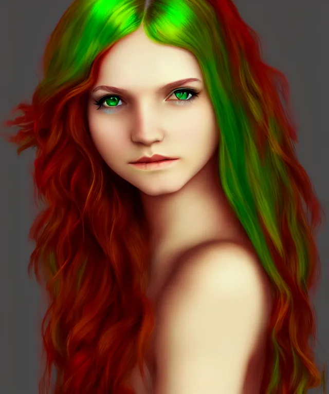 Image similar to Fae teenage girl, portrait, face, long red hair, green highlights, fantasy, intricate