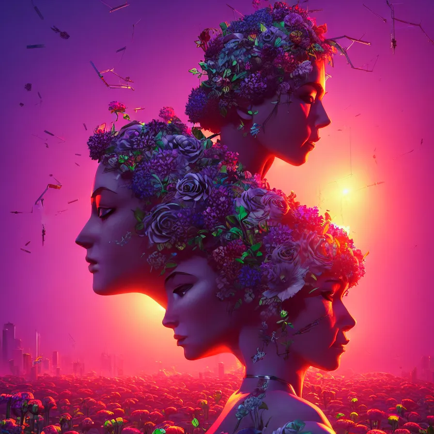 Prompt: Beautiful 3d render portrait of the queen of flowers in a sensual pose, in the style of Dan Mumford, with tall and crowded futuristic cyberpunk voxel buildings in the background, cinematic, dramatic lighting, symmetry