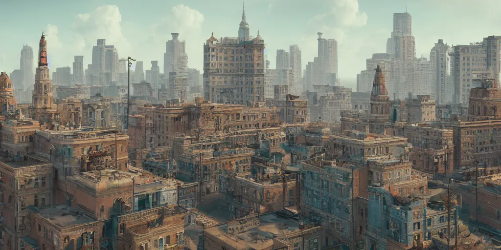 Image similar to 4K realistic rendering of A cityscape by Wes Anderson, unreal engine 5, vray, photo realistic, hyper detailed, intricate