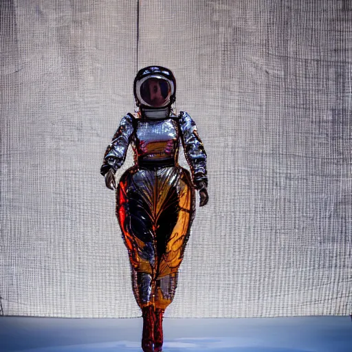 Prompt: hybrid model astronaut walking down a catwalk, elaborate dress by alexander mcqueen, stage lighting, sigma 8 5 mm f 1 6, art by studio clamp, real