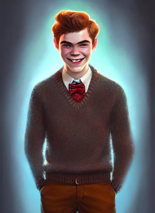 Image similar to portrait of teenage archie andrews, freckles, curly middle part haircut, curly hair, middle part hairstyle, smiling kindly, wearing a bowtie and sweater vest, intricate, elegant, glowing lights, highly detailed, digital painting, artstation, concept art, smooth, sharp focus, illustration, art by wlop, mars ravelo and greg rutkowski