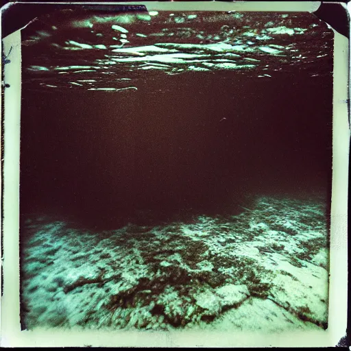 Prompt: a rusty bedframe, dark, murky water, underwater, old polaroid, expired film,