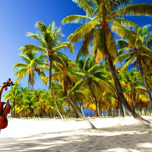 Image similar to violinist on the beach with palm trees blue sky tropical island on horizon