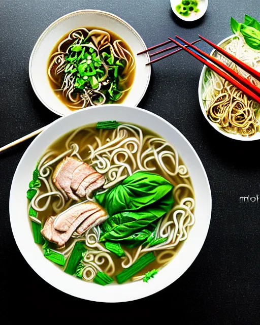 Prompt: realistic photo of delicious pho, ramen, bowl, white kitchen table, cloth, thai basil, highly detailed, by marc haydon, kailee mandel, masterpiece, award winning, food photography