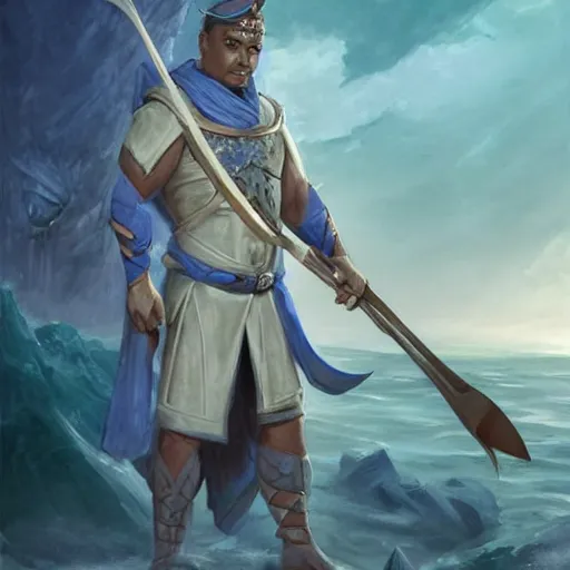 Image similar to blue-skinned 5e triton, wearing robes and holding a shark-tooth spear, naval background, fantasy, D&D 5e, 5th edition, portrait, piercing stare, highly detailed, digital painting, HD, artstation, concept art, matte, sharp focus, illustration, art by artgerm and greg rutkowski