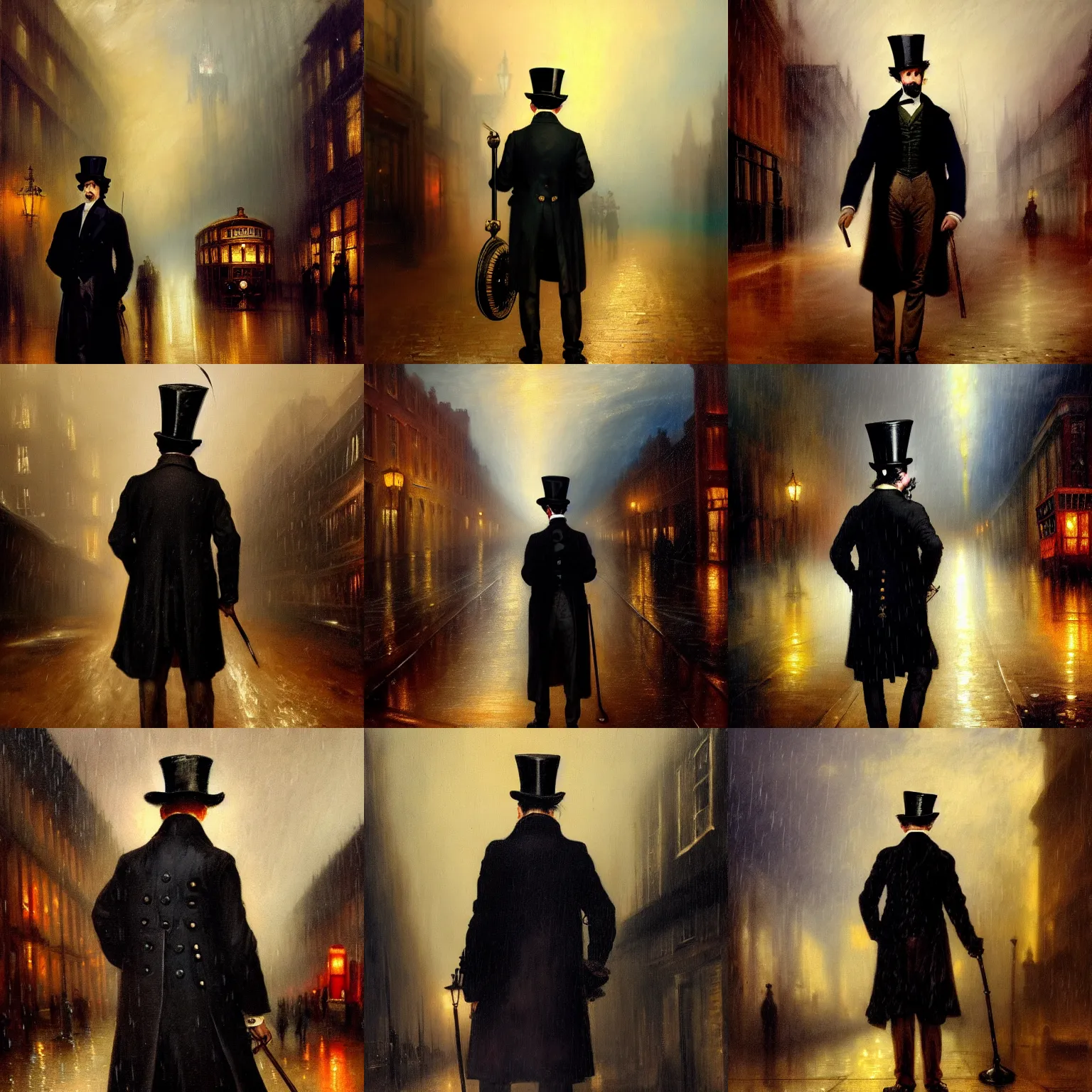 Prompt: painting of a steampunk 1 9 th century london, a man standing with a coat, a top hat and a cane, facing back, raining, dramatic lighting, dark colors, highly detailed, intricate, 8 k, by j. m. w turner, artstation