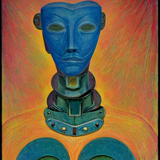 Image similar to portrait of a robot wearing a facemask made of flowers, by annie swynnerton and jean delville and rufino tamayo and edward hopper and evelyn de morgan, art deco flower shaman, art brut, outsider art, symbolist, dramatic lighting, god rays, elaborate geometric ornament, clean crisp graphics, smooth sharp focus, extremely detailed, adolf wolfli