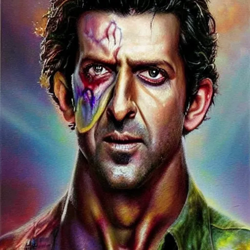 Prompt: realistic portrait beautiful painting of Hrithik Roshan mutate into a Zombie Terminator T1000. Horror, created by Thomas Kinkade.