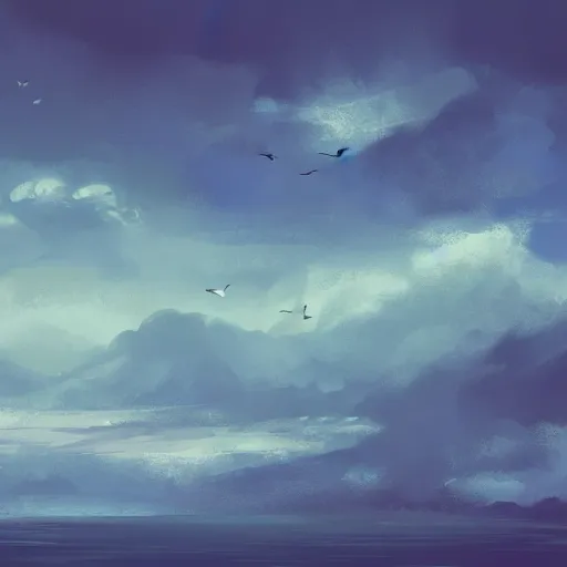 Prompt: painterly concept art landscape with oceans, clouds, and birds