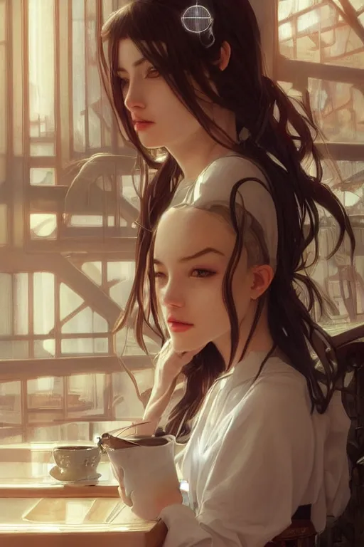 Image similar to an attractive serene cute android in a cafe, partially human , partially biomedical design , natural atmosphere, great high details, highly reaslitic, cinematic lighting, intricate, elegant, super highly detailed, art station, concept arD, beautiful, delicate, art by artgerm and greg rutkowski and alphonse mucha and loish and WLOP