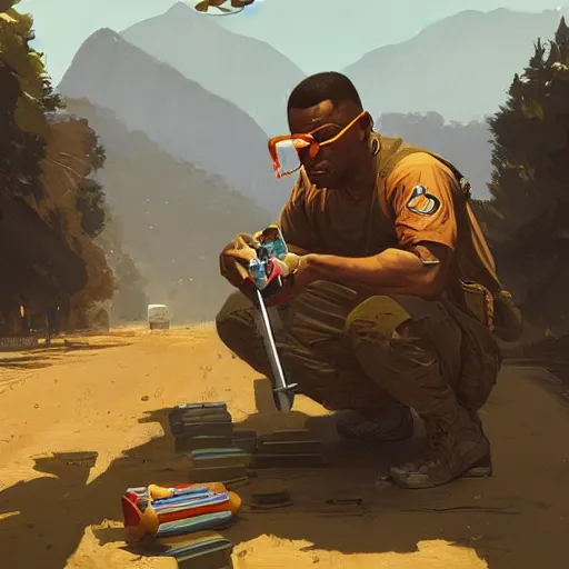 Image similar to A US soldier eating crayons as a grand theft auto 5 loading screen, art by Andreas Rocha and greg rutkowski, highly detailed, digital painting, matte painting, concept art, illustration, dim lighting, trending on artstation, very detailed