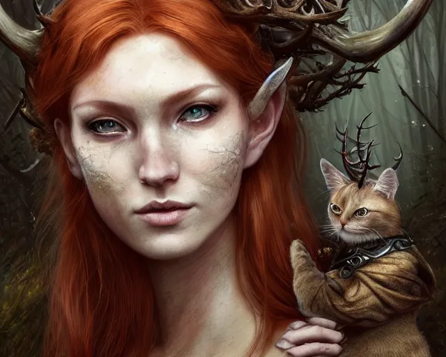 Image similar to 5 5 mm portrait photo of an armored gorgeous aesthetic redhead woman warrior with a face tattoo and antlers growing from her head and cat on her shoulder, in a magical forest in the style of luis royo. art by greg rutkowski. highly detailed 8 k. intricate. lifelike. soft light. nikon d 8 5 0.