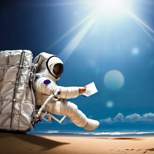 Image similar to an astronaut relaxing on the beach, dramatic lighting, cinematic, extremly high detail, photorealistic, cinematic lighting, nasa footage