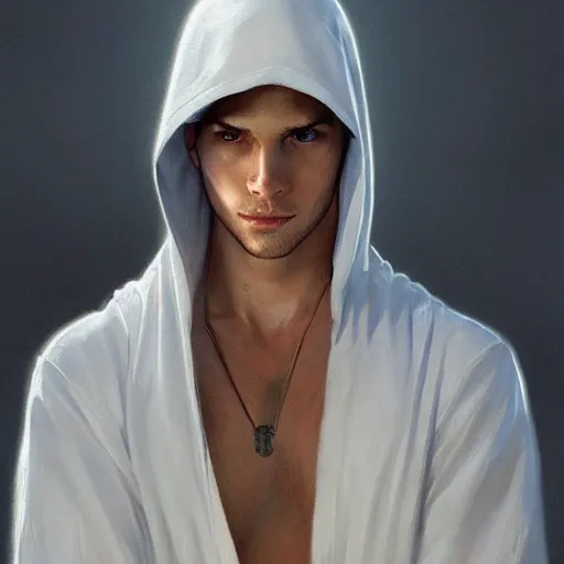 Image similar to ultra realistic illustration, a young man in a white hood, with brown hair, with blue eyes, intricate, elegant, highly detailed, digital painting, artstation, concept art, smooth, sharp focus, illustration, art by artgerm and greg rutkowski and alphonse mucha