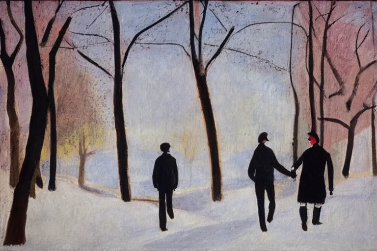 Image similar to a very tall man with dark hair holding the hands of a short young boy as they walk in a park on a bright beautiful winter day. part in the style of an edgar degas painting. part in the style of david hockney. triadic color scheme