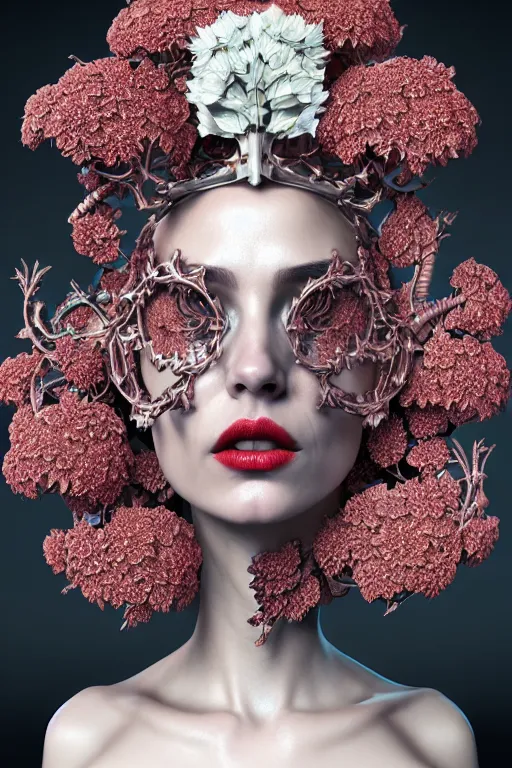 Image similar to complex 3 d render, hyper detailed ultrasharp biomechanical mandelbrot fractal filigree female cyborg portrait with a beautiful porcelain profile face, crown with big hydrangea foliage leaves stems roots, red lips, h. r. giger alexander mcqueen haute couture, art nouveau fashion, octane render, 8 k