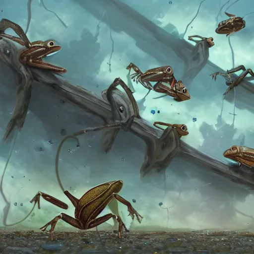 Prompt: the council of armored frogs betrays a fly, wide scene, foreboding, professional digital painting, 4k
