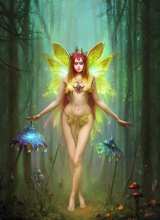 Image similar to stunningly beautiful female faerie priestess in amanita muscaria forest landscape, symmetrical wings on back, neon hair, fantasy art, wearing a dress of gossamer gold, inner glow, dark light night, sharp focus, digital painting, 4 k, concept art, art by wlop, greg rutkowski and alphonse mucha, brom, face by otto schmidt