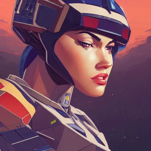 Image similar to a portrait of a stunning beautiful elite megan fox gundam pilot, with an intricate, detailed, urban inspired hiphop afro futuristic helmet, vector behance hd jesper ejsing, rhads, makoto shinkai, lois van baarle, ilya kuvshinov, rossdraws, hd, 3 2 k, ilya kuvshinov, gustav klimt