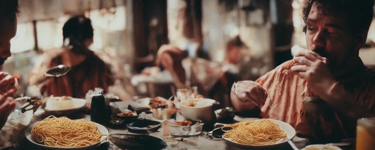 Image similar to a person puking up spaghetti while another person eats it, canon 5 0 mm, cinematic lighting, photography, retro, film, kodachrome