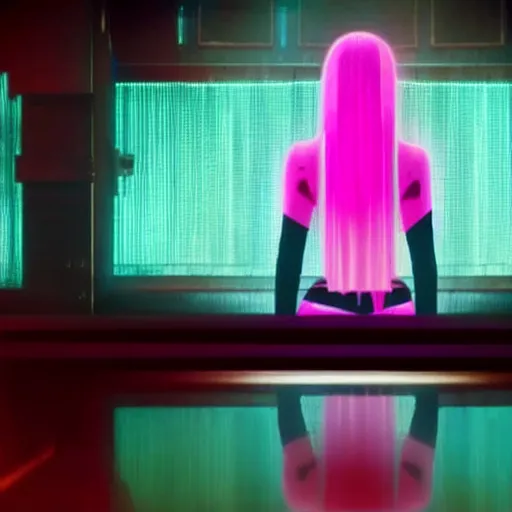 Prompt: Giant hologram of Hatsune miki in blade runner 2049, stunning, japanese anime cyberpunk style