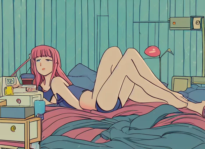 Image similar to girl laying on bed, boring, anime, 1 9 9 0 s, retro style, aesthetic, chill, room