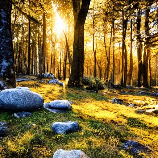 Prompt: Beautiful photo of a group of stones in a forest, like a ruin, golden hour photography, hazy, blue sky, trees in the background, wallpaper, 4k