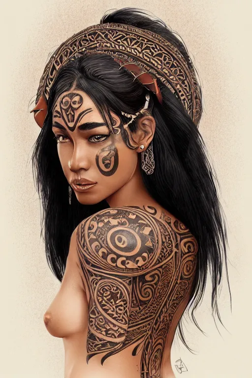 Image similar to A bust of a beautiful dark skinned Maori girl with tribal Maori tattoos and smooth eyebrows and straight hair, HD, illustration, epic, fantasy, intricate, elegant, amazing detail, digital painting, artstation, concept art, smooth, sharp focus, illustration, art by Turine Tran