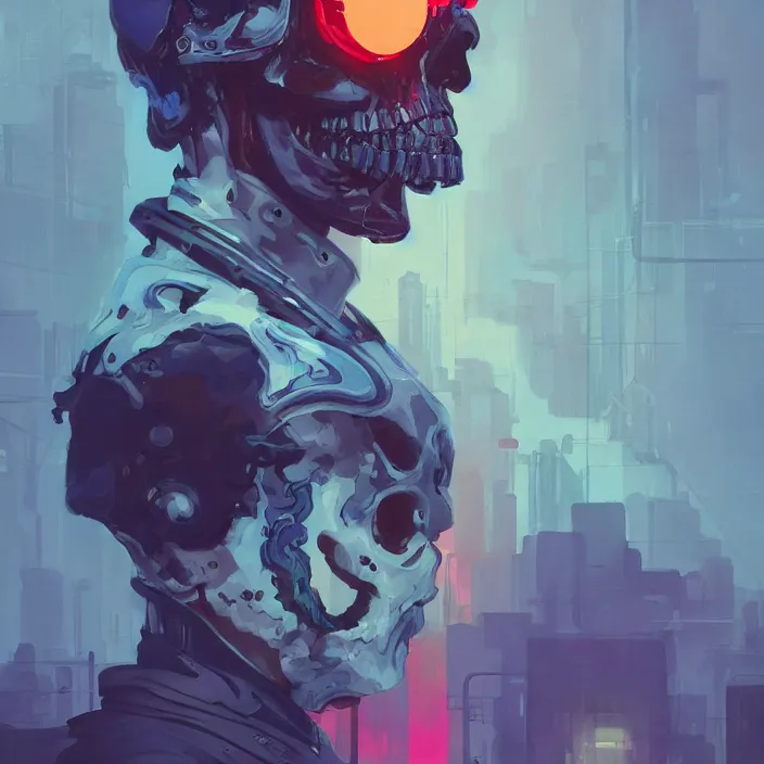 Image similar to a colorful comic noir illustration painting of a cyberpunk skull by sachin teng and sergey kolesov and ruan jia and pascal blanche. in style of digital art, symmetry, sci fi, hyper detailed. octane render. trending on artstation