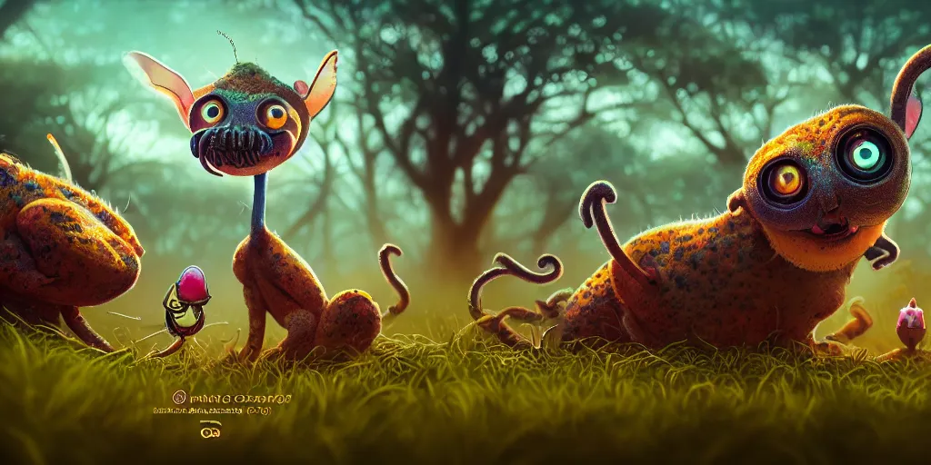 Prompt: of an intricate hazy savanna with strange big cute creatures with long tongues, big eyes and huge noses appearing from the ground, in the style of craola, macro lens, shallow depth of field, highly detailed, digital painting, trending artstation, concept art, illustration, cinematic lighting, vibrant colors, photorealism, epic, octane render