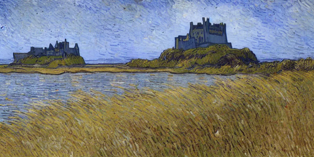 Image similar to bamburgh castle and beach painted by Vincent Van Gogh, wide brush strokes