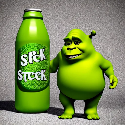 Image similar to 3d render, blender of an advertisement for a shrek soda, with the shrek pasted on the packaging, soda bottle with a small illustration of the shrek pasted on the packaging, award winning, studio light, 4K