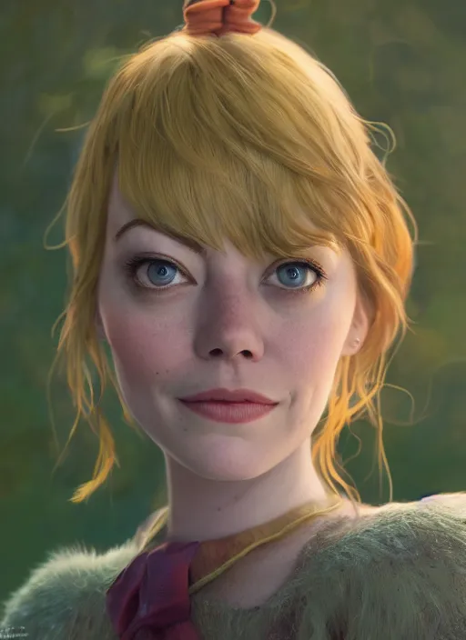 Image similar to portrait of emma stone as shrek, naturel, hyper detailed, digital art, trending in artstation, cinematic lighting, studio quality, smooth render, unreal engine 5 rendered, octane rendered, art style by klimt and nixeu and ian sprigger and wlop and krenz cushart.