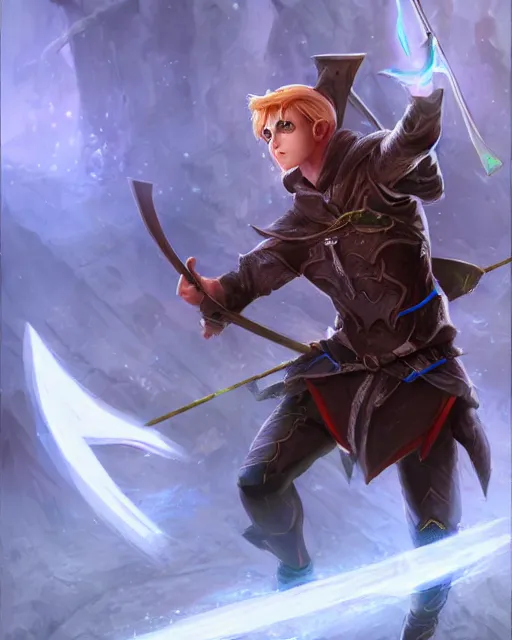 Image similar to male elf archer in a hoodie wielding a magical bow while aiming towards you, mixed brushes, WLOP style, character art, fighting pose, mixed media, digital art, trending on artstation, 8k, epic composition, highly detailed, sharp focus