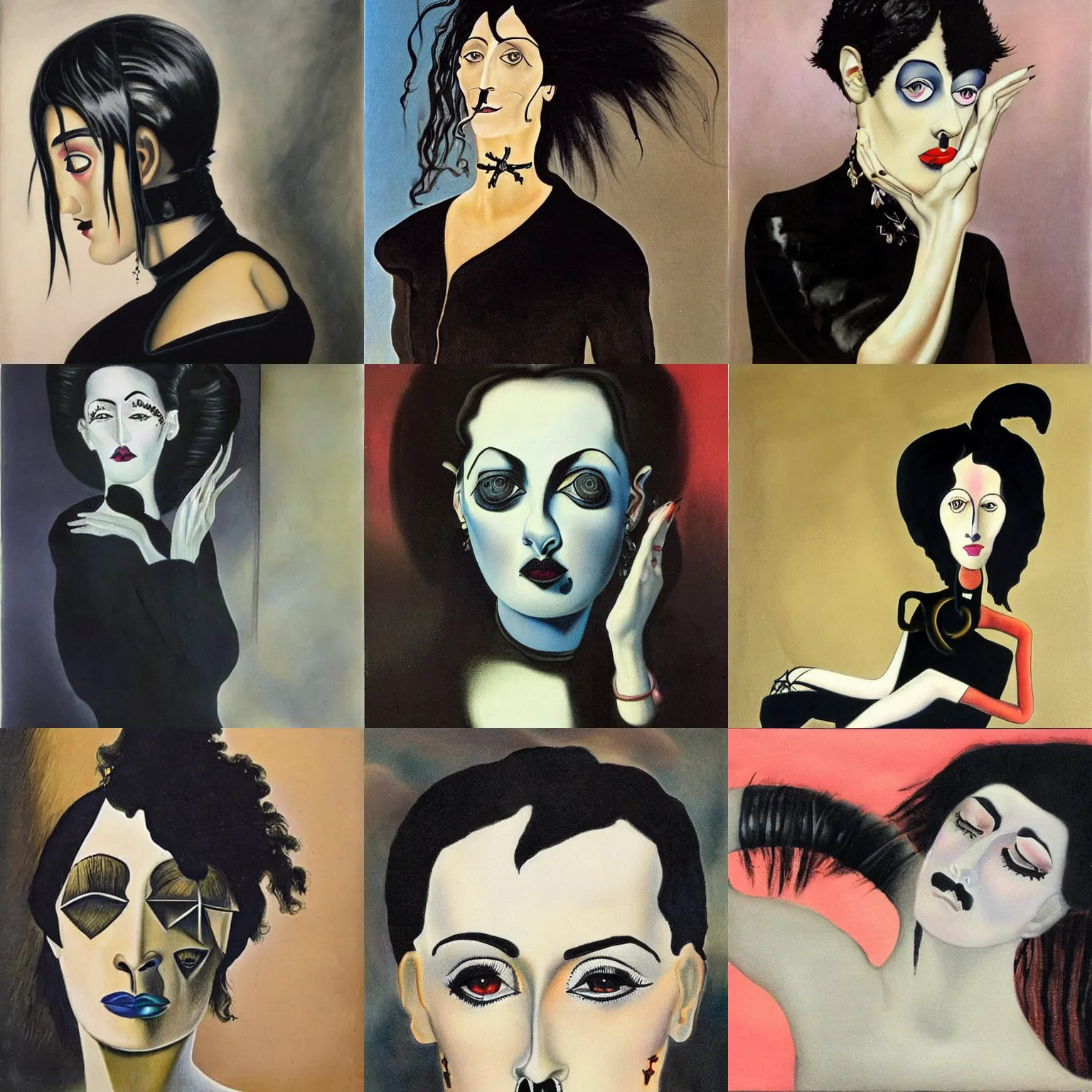 Prompt: A goth portrait painted by Salvador Dali. Her hair is dark brown and cut into a short, messy pixie cut. She has a slightly rounded face, with a pointed chin, large entirely-black eyes, and a small nose. She is wearing a black tank top, a black leather jacket, a black knee-length skirt, a black choker, and black leather boots.