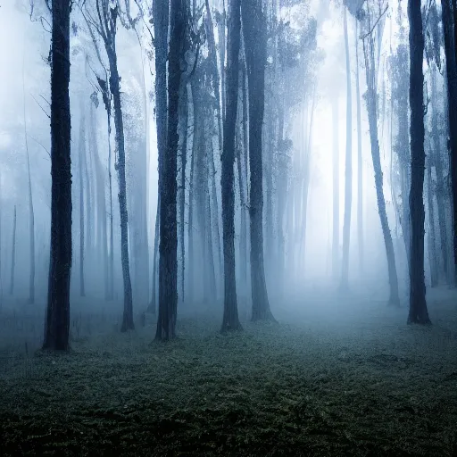 Prompt: surreal magical aura forest with fog, wisps and gloomy lightning