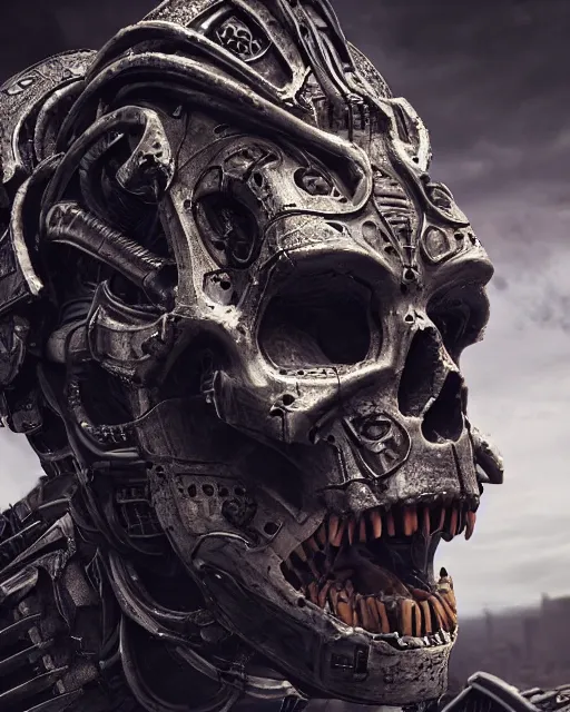 Prompt: a close up dark sci fi portrait of a aztec skull god fused into massive wires and wearing sci fi armor, cinematic lighting, smooth, high detail, glowing eyes, studio quality, unreal engine, octane render, by vitaly bulgarov artstation, by alexandros pyromallis, fog volumes, metal panels, greeble detail, cgsociety