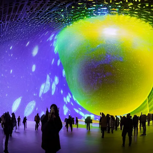 Image similar to high quality professional canon wide - angle lens photo of large scale immersive public art installation by refik anadol inside printworks london venue width large led screen on ceiling, mirror on floor and big sphere for video projection on center.. installation about deep nebula space and proto planet. planet visually reacts people with color fluid wave on the surface.