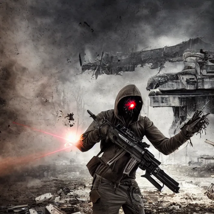 Image similar to gritty hooded apocalyptic man firing laser - rifle in destroyed airport, hyper - detailed, smooth, sharp focus, 4 k ultra hd, fantasy dark art, apocalyptic art