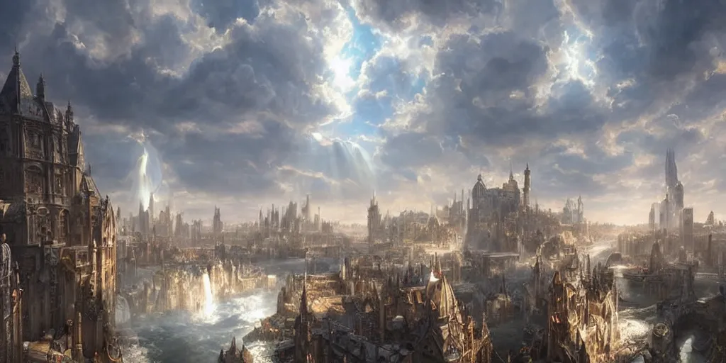 Image similar to beautiful fantasy city made from white stone and bright copper, medieval city, metropolis, magic, waterways, waterfalls, gorgeous clouds, white marble, god rays, digital art, landscape, fantasy art, octane render, ureal engine, high detail, very realistic, by greg rutkowski. by james gurney