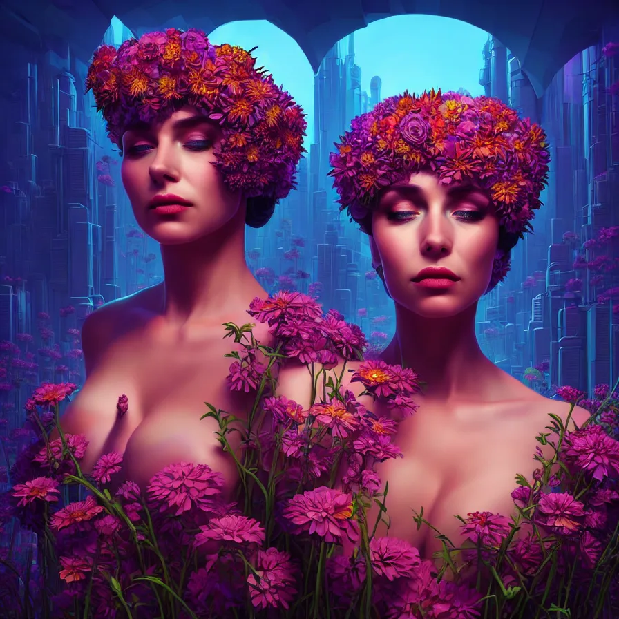 Prompt: Beautiful 3d render portrait of the queen of flowers in a sensual pose, in the style of Dan Mumford, with tall and crowded futuristic cyberpunk voxel buildings in the background, cinematic, dramatic lighting, symmetry