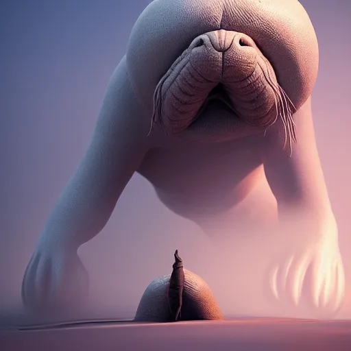 Prompt: a colossa statue of a walrus, intricate artwork by beeple, third person, beautiful, full view, cinematic lighting, octane render, trending on artstation, greg rutkowski very coherent artwork. cinematic, hyper realism, high detail, octane render, 8k