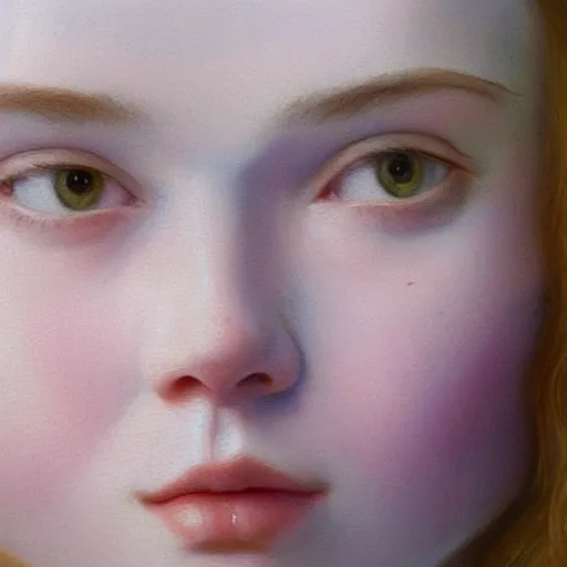 Prompt: portrait of a elle fanning reaching out of a painting, detailed realism face in painting, detailed beautiful portrait, oil painting masterpiece, 8 k resolution, smooth, sharp focus, trending on artstation, by rembrandt