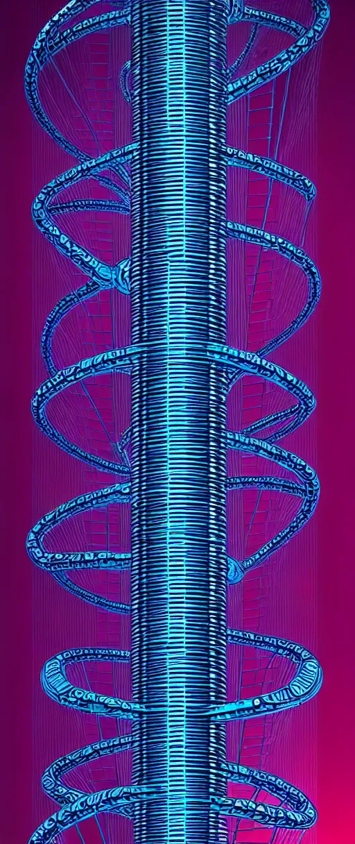 Prompt: a double helix dna cyberpunk pillar, high details, lineart, by vincent di fate, inking, 3 color screen print, masterpiece, trending on artstation, sharp, high contrast, hyper - detailed,, hd, 4 k, 8 k