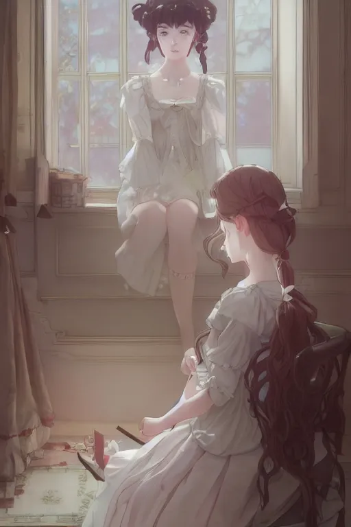 Image similar to a young lolita dressed girl in a maid's outfit in the bedroom typing front the notebook a night, raining outside the window, wavy white long hair, by krenz cushart and mucha and akihito yoshida and makoto shinkai and greg rutkowski, 4 k resolution