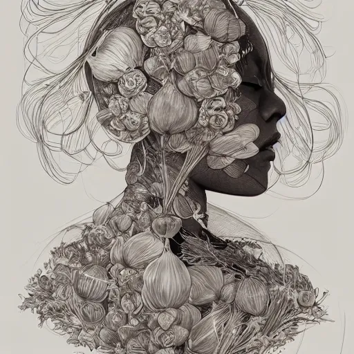 Prompt: the face of an incredibly beautiful, graceful, elegant, and sophisticated young japanese woman dressed as a bulb of garlic, an ultrafine detailed illustration by james jean, intricate linework, bright colors, final fantasy, behance contest winner, vanitas, angular, altermodern, unreal engine 5 highly rendered, global illumination, radiant light, detailed and intricate environment