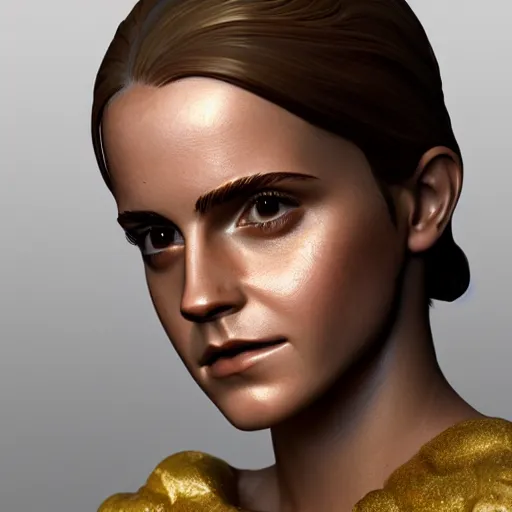 Image similar to portrait of emma watson gold statue reflect chrome, 8 k uhd, unreal engine, octane render in the artstyle of finnian macmanus, john park and greg rutkowski